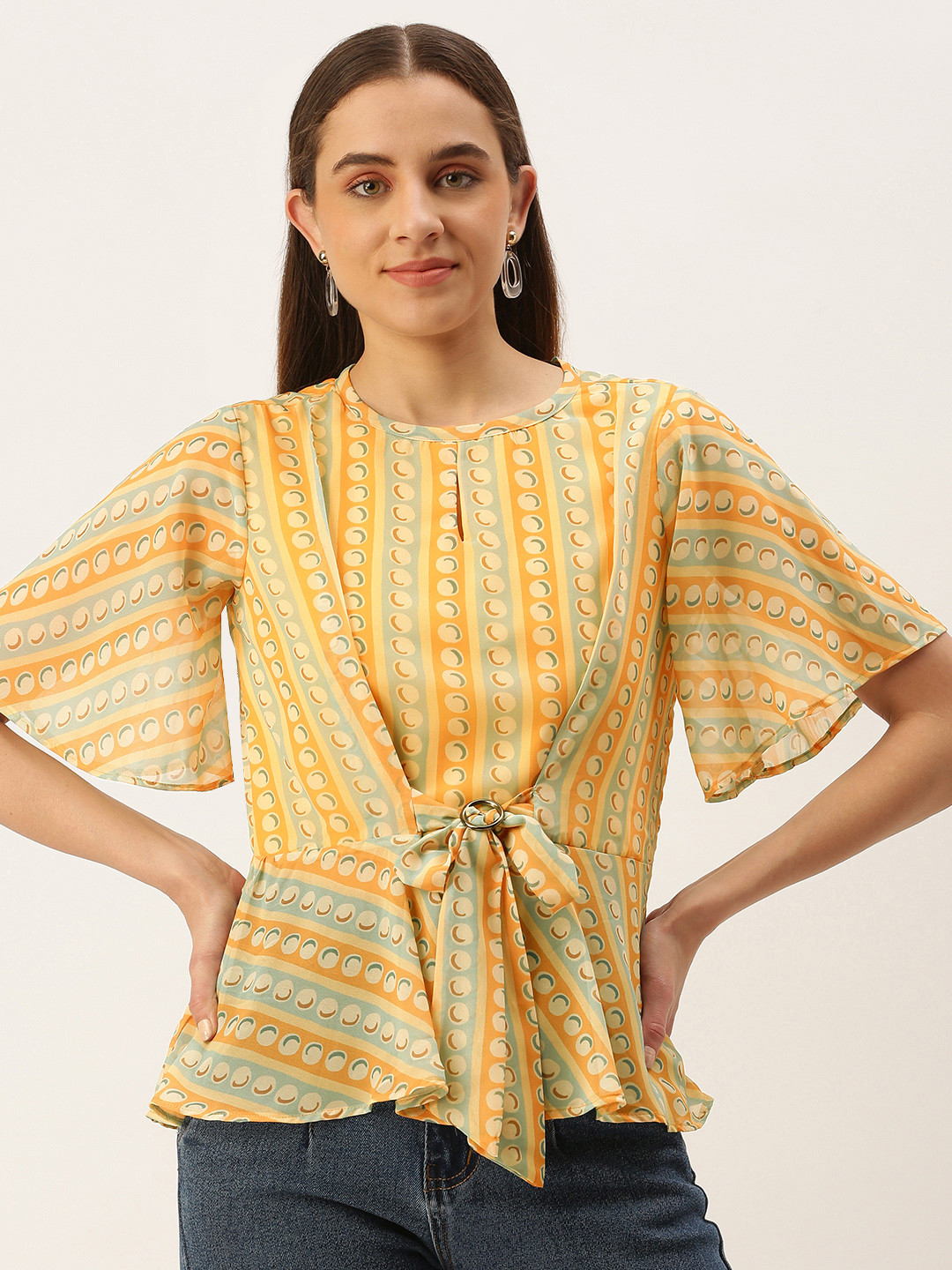 MELOSO Yellow & Blue Geometric Print Georgette Cinched Waist Top