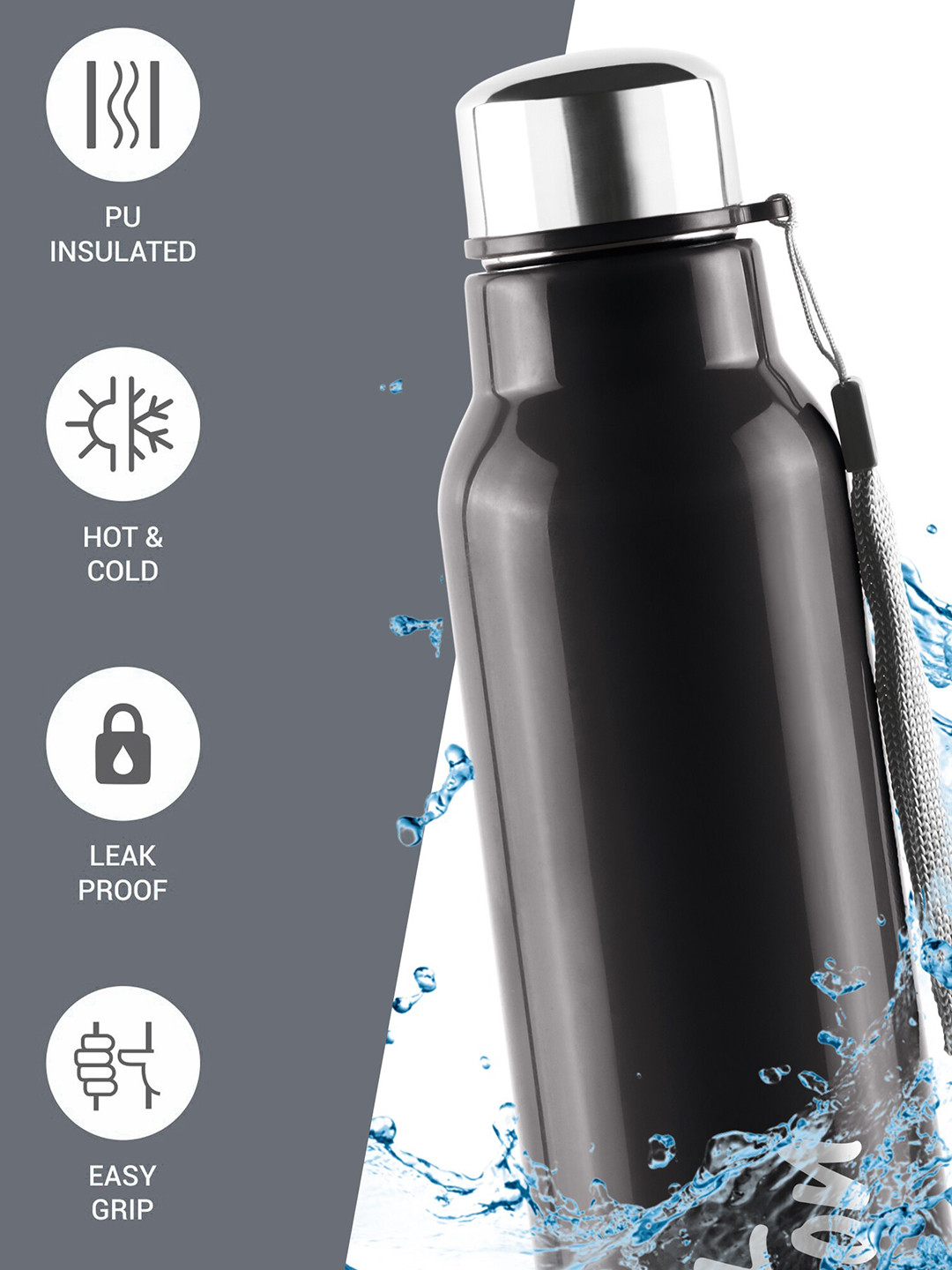 Milton Fit 900 Black Solid Stainless Steel Spill Proof Water Bottle - 630ml