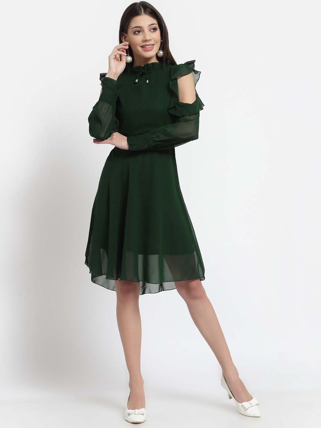 aayu High Neck Cuff Sleeve Georgette Dress