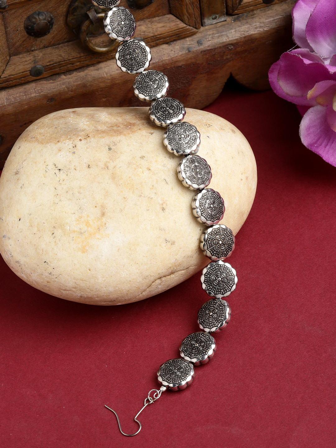 PANASH Oxidised Silver-Plated Floral Shaped Matha Patti