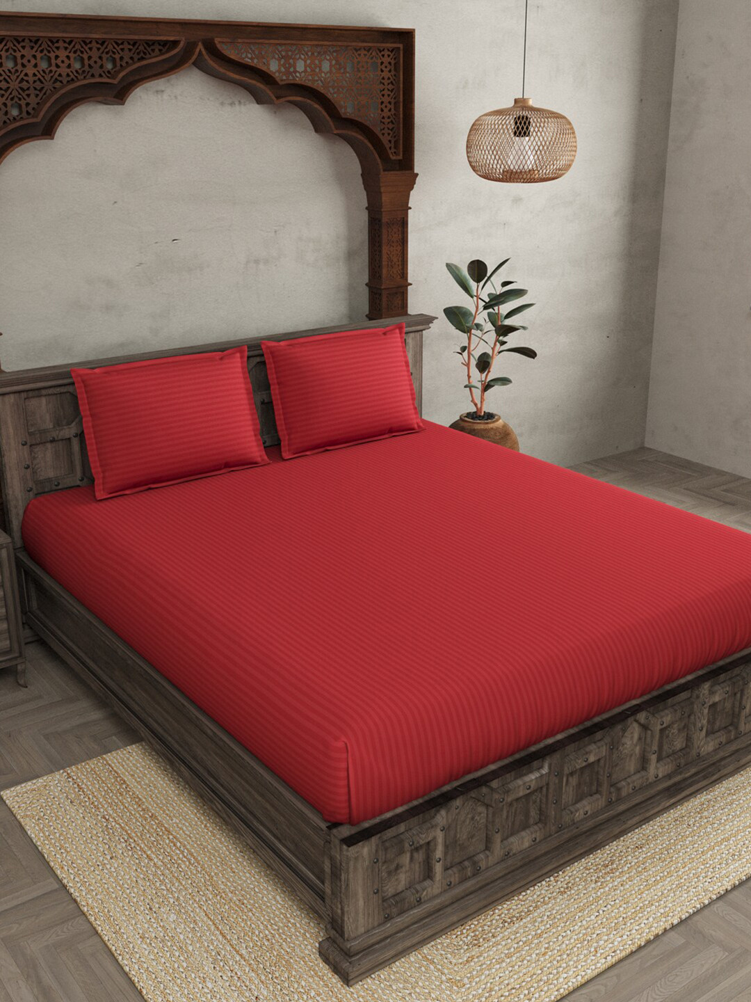JAIPUR FABRIC Red Striped 300 TC Pure Cotton King Bedsheet With 2 Pillow Covers
