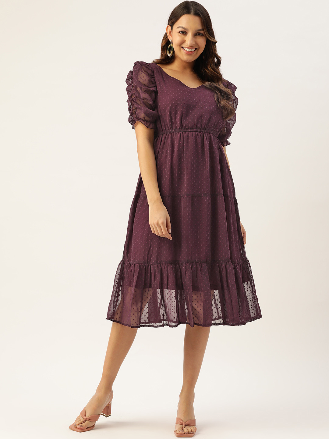 WISSTLER Puff Sleeves Tiered Georgette Midi Dress