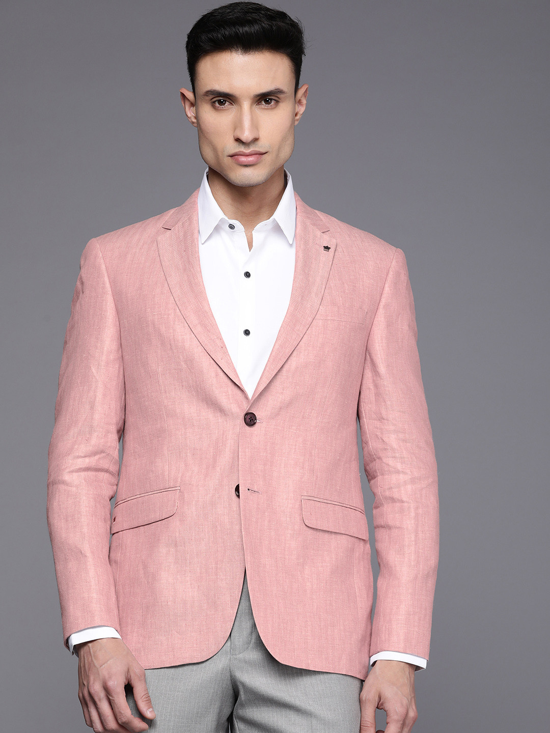 Louis Philippe Men Pure Linen Vertical Striped Single Breasted Blazer