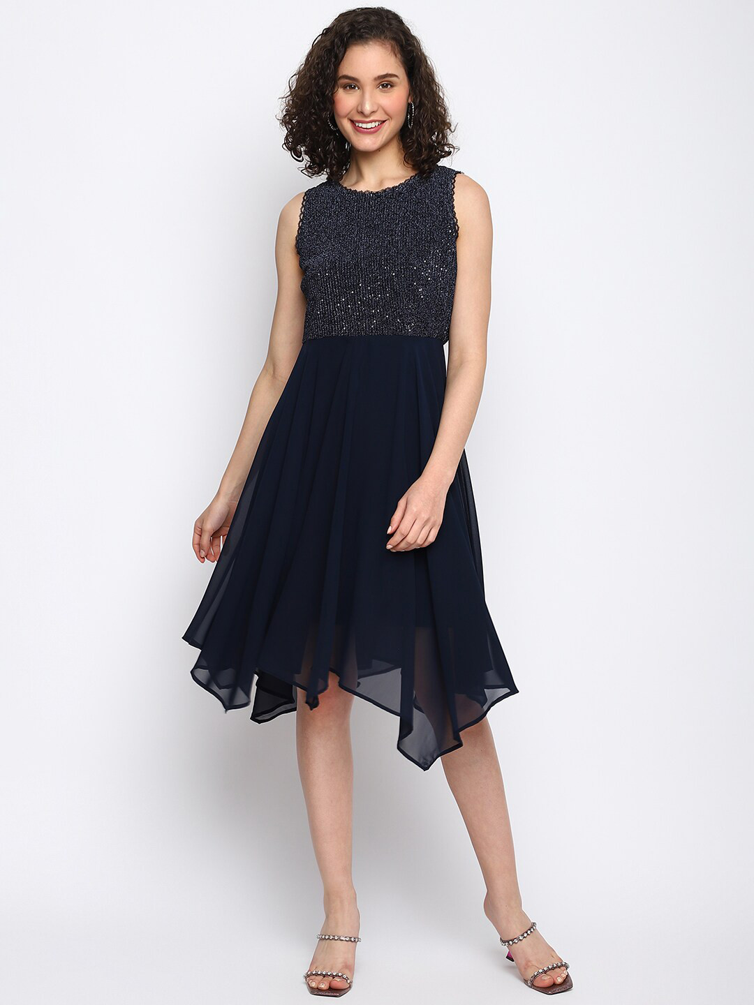 Latin Quarters Self Design Round Neck A-Line Midi Dress