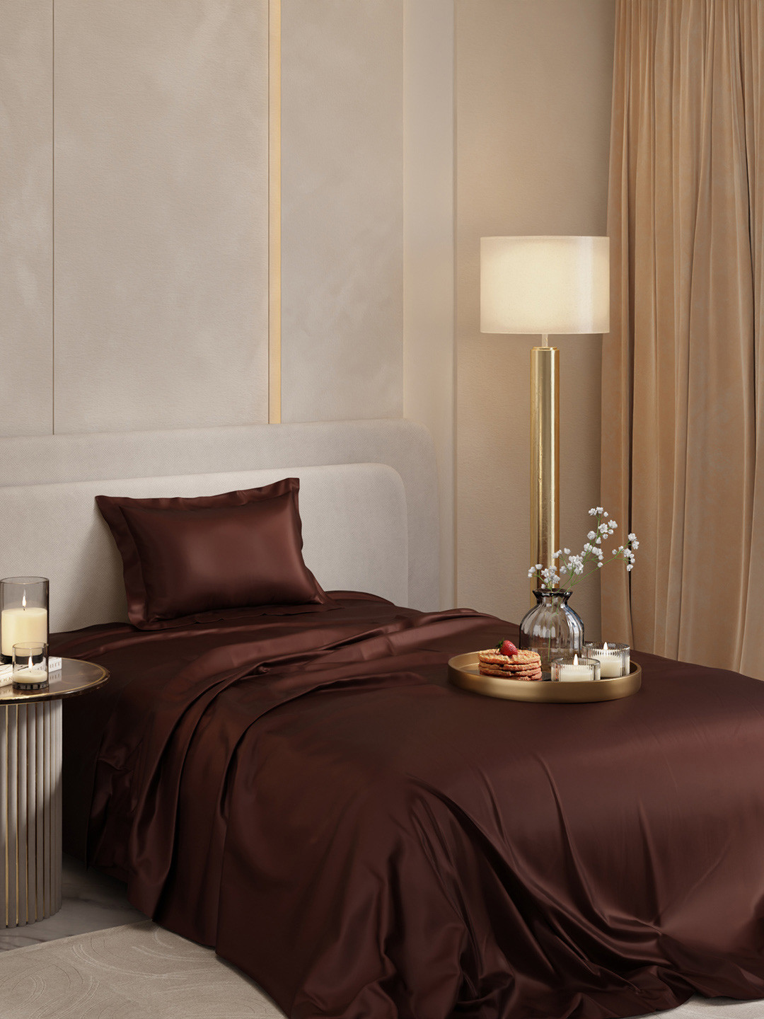 Stoa Paris Date Night Collection Brown Sateen 300 TC Single Bedsheet with a Pillow Cover-90 x 60 inches