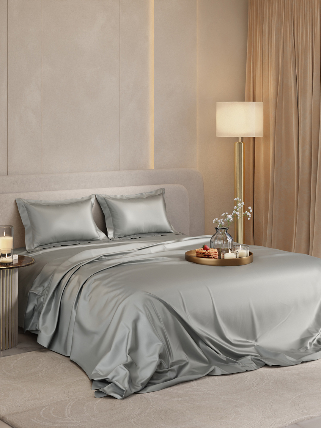 Stoa Paris Date Night Collection Grey Sateen 300 TC Queen Bedsheet with 2 Pillow Covers-100 x 90 inches