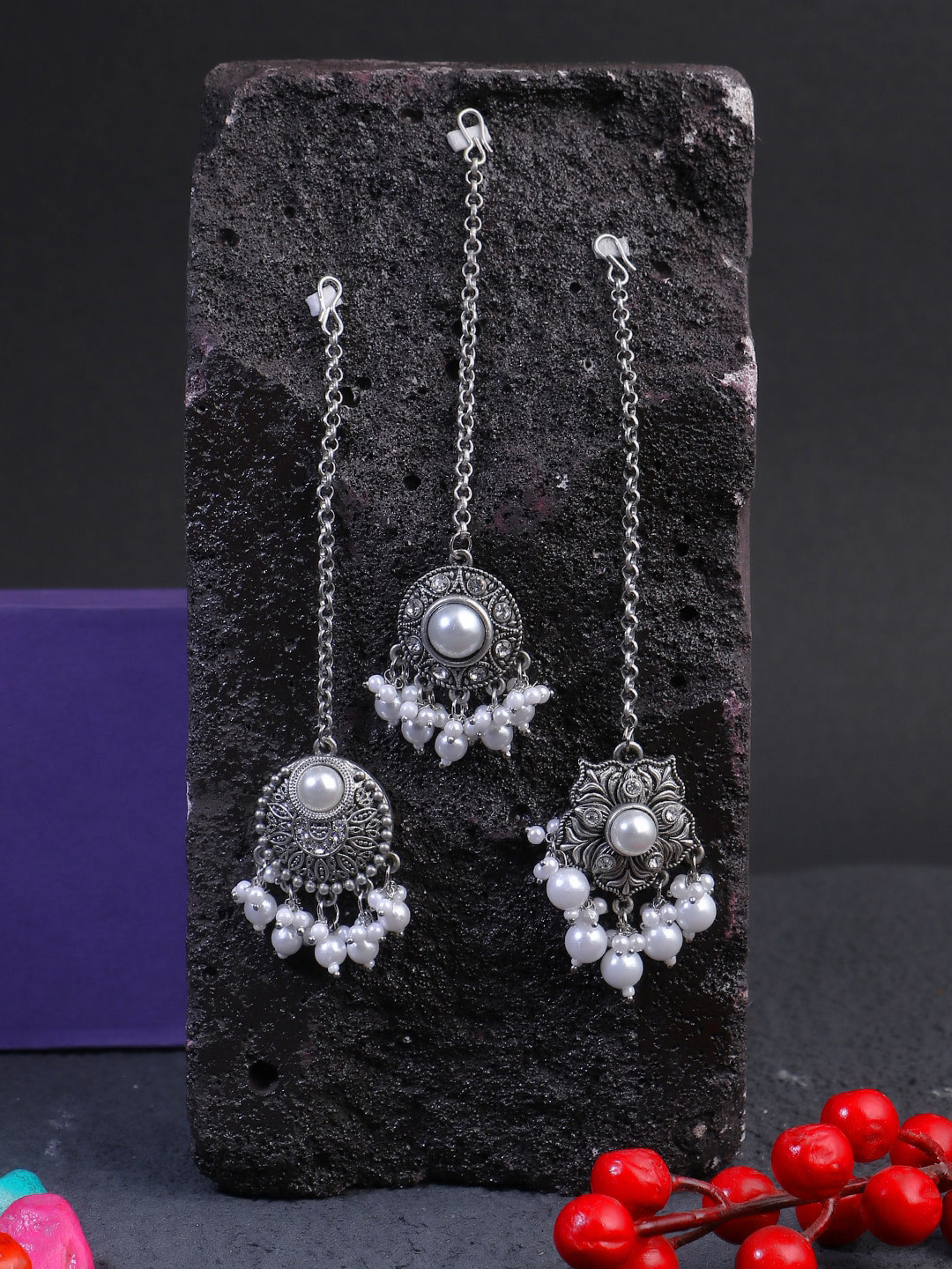 Adwitiya Collection Set Of 3 Silver-Plated Pearl-Studded Maangtika