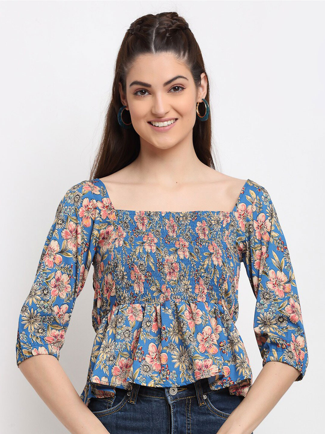 DOOR74  Floral Print Crepe Cinched Waist Top