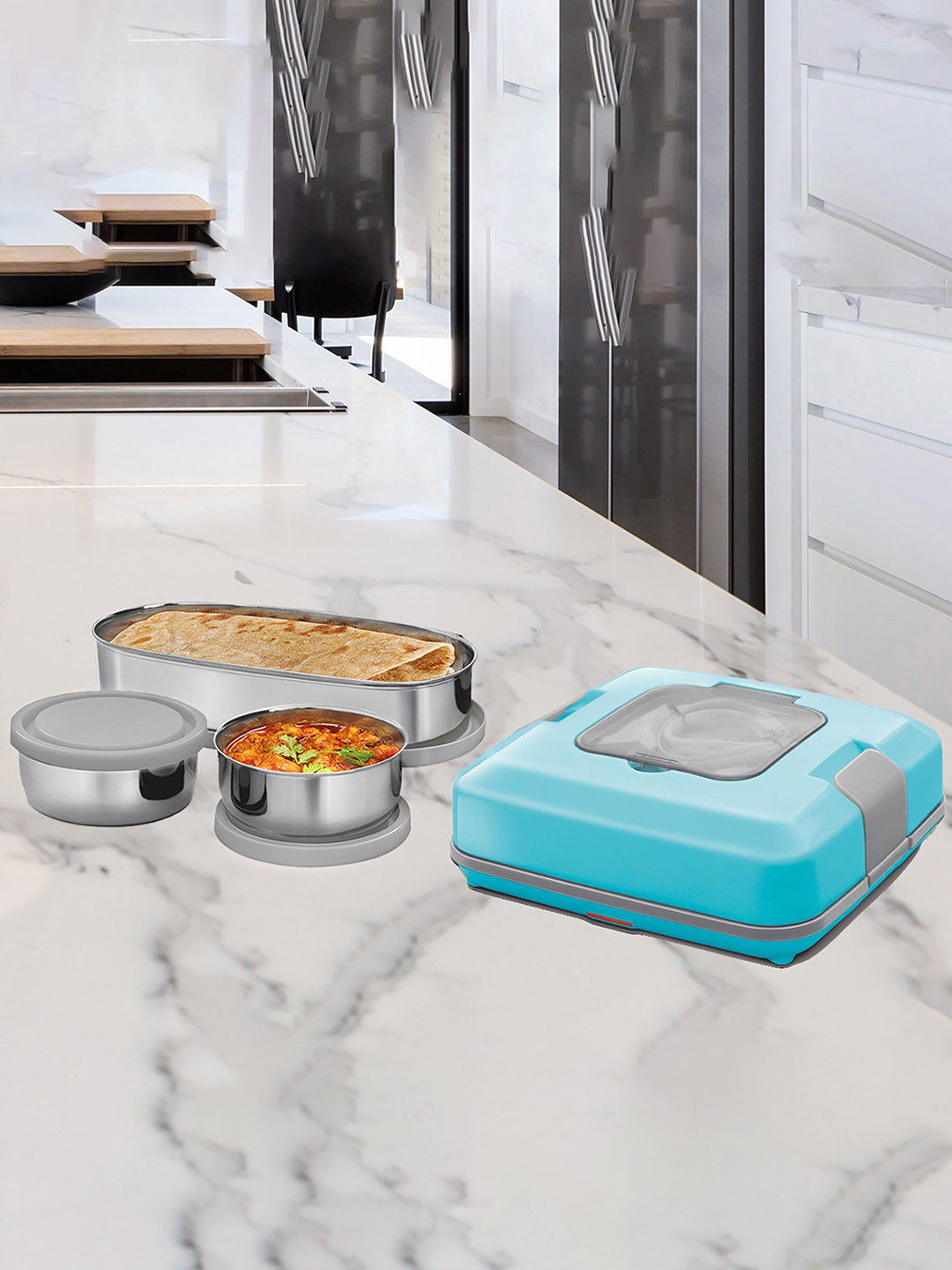 Milton Flatron Grey Blue Stainless Steel Electric Tiffin Box