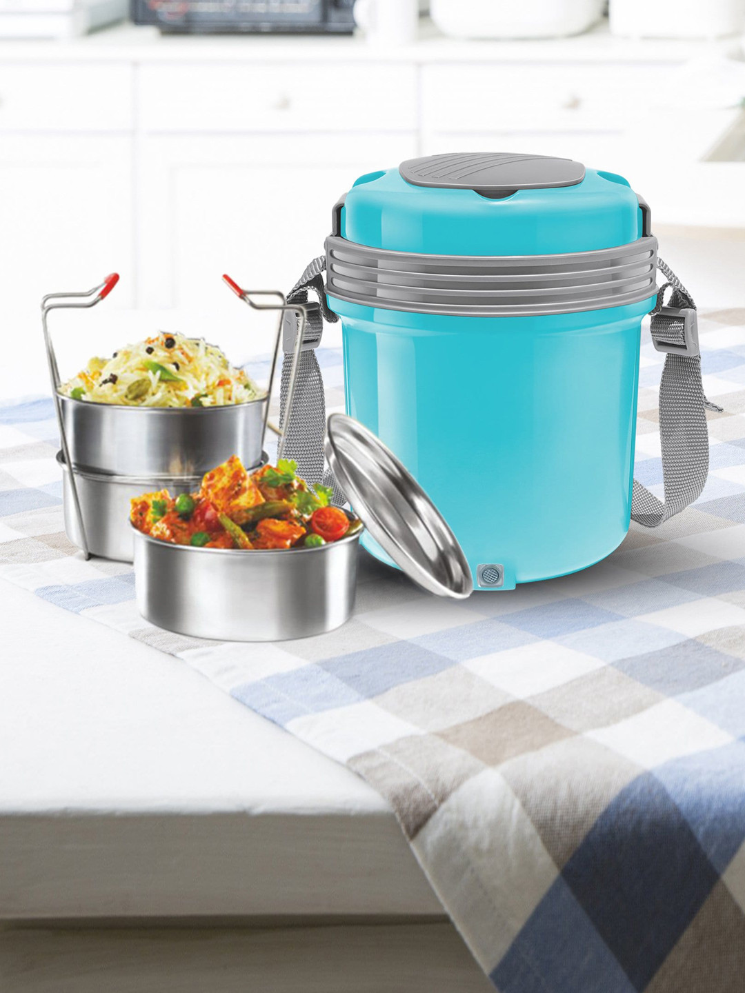 Milton Electron Set Of 3 Blue Stainless Steel Tiffin Box Containers 360 ml Each