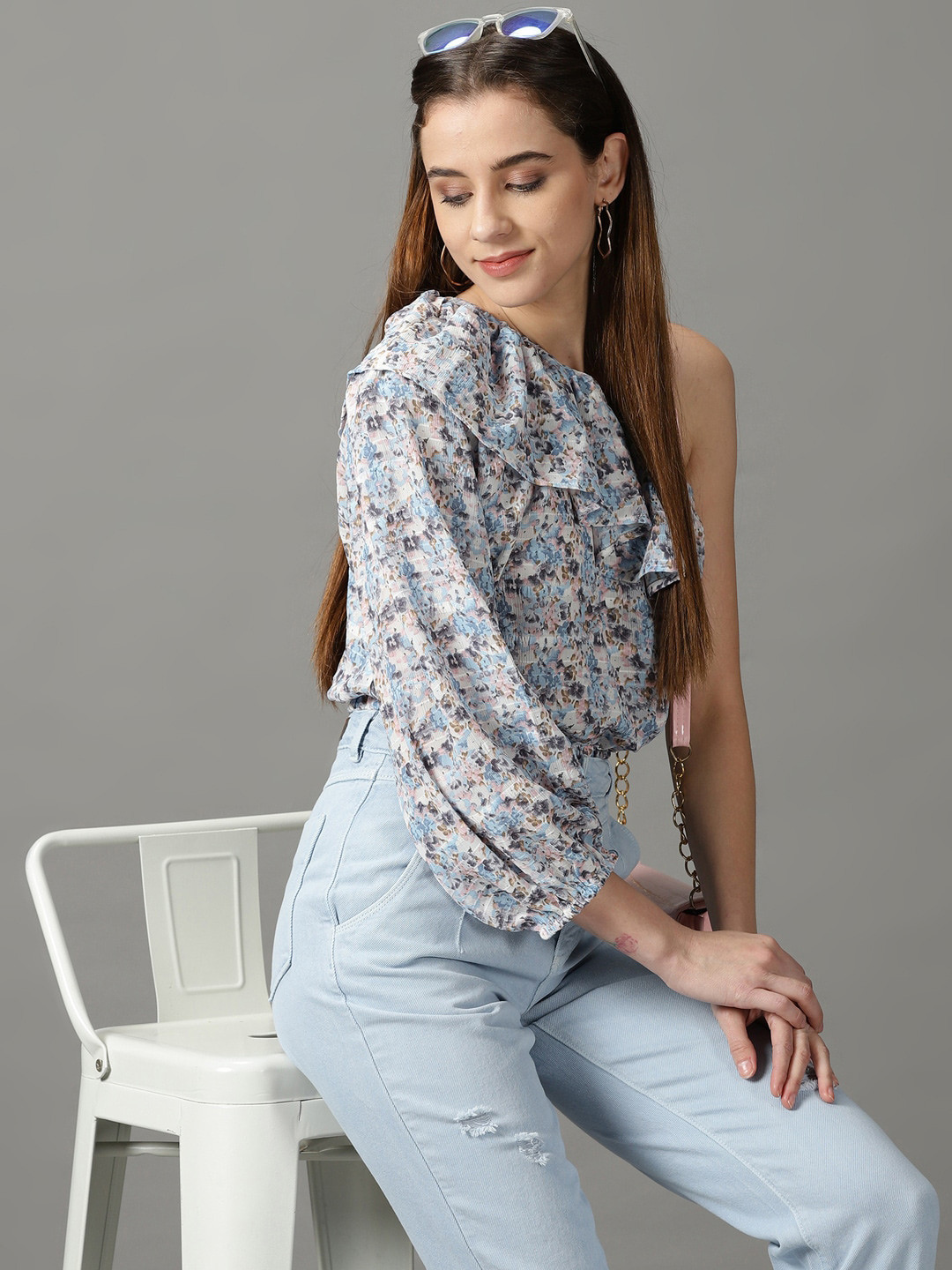 SHOWOFF Floral Print One Shoulder Ruffles Chiffon Top