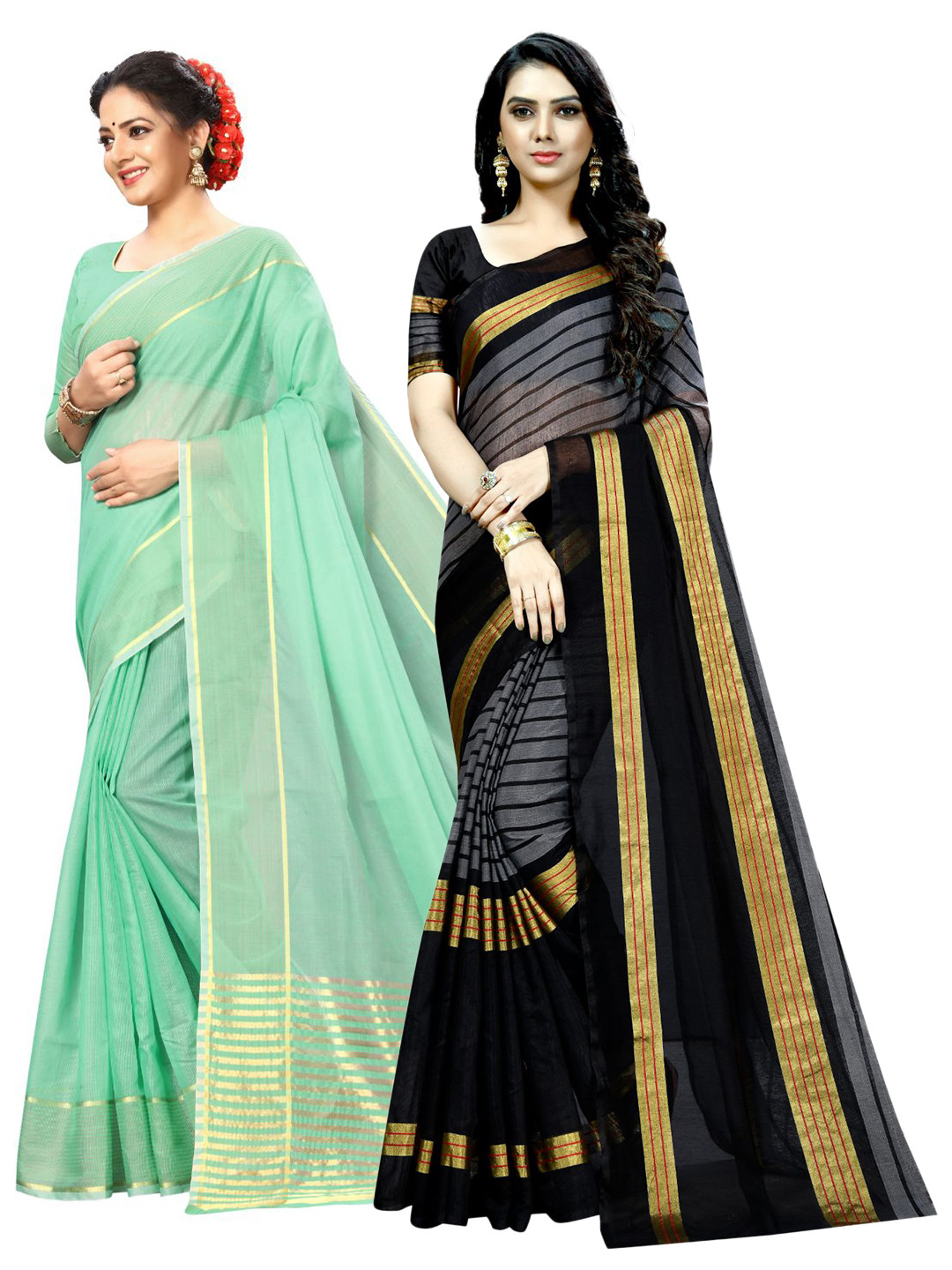 Florence Lime Green & Black Striped Zari Ilkal Saree