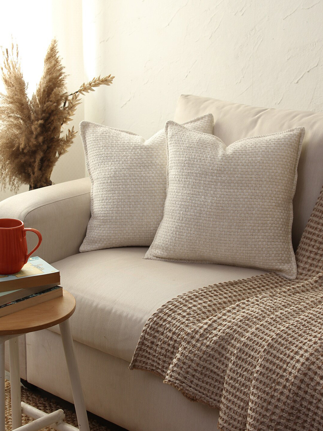 House This Vindhya Geometric Cotton 2 Pcs Textured Square Cushion Covers - 16 x 16 In