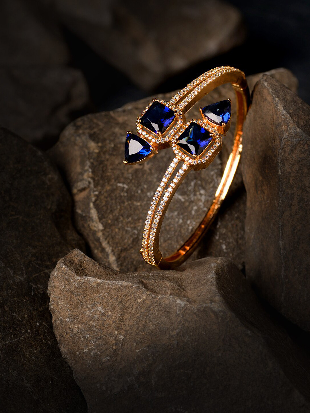 Saraf RS Jewellery Women Gold-Toned & Blue Brass American Diamond Handcrafted Gold-Plated Bangle-Style Bracelet