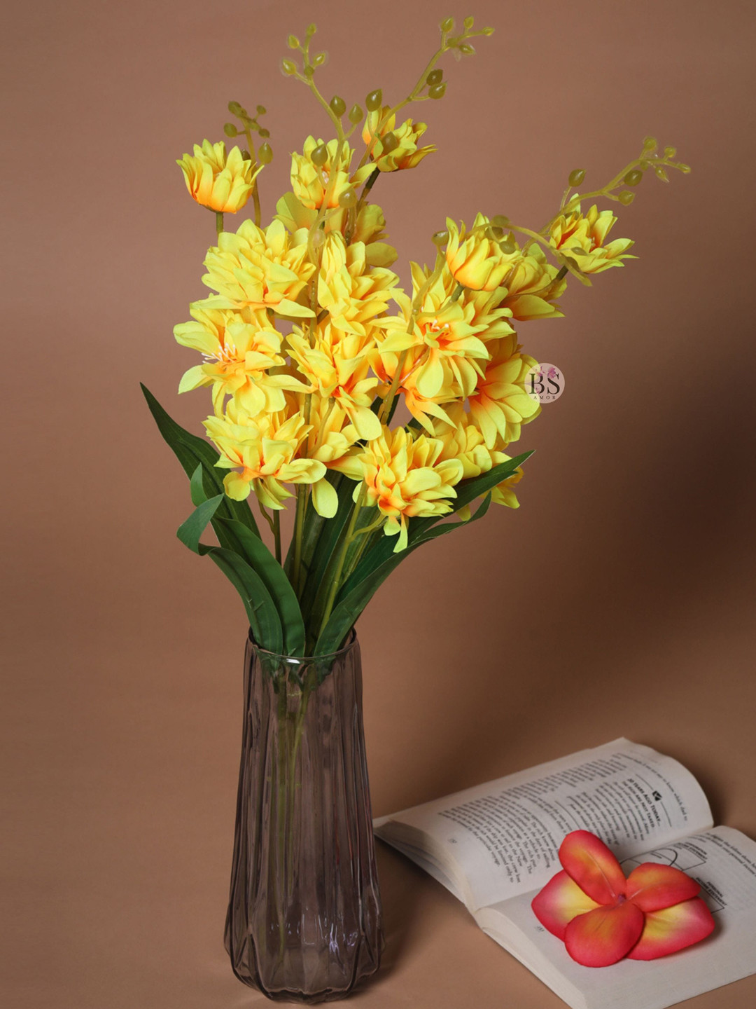 BS AMOR Yellow & Green Faux Dahlia Artificial Flower Bunch
