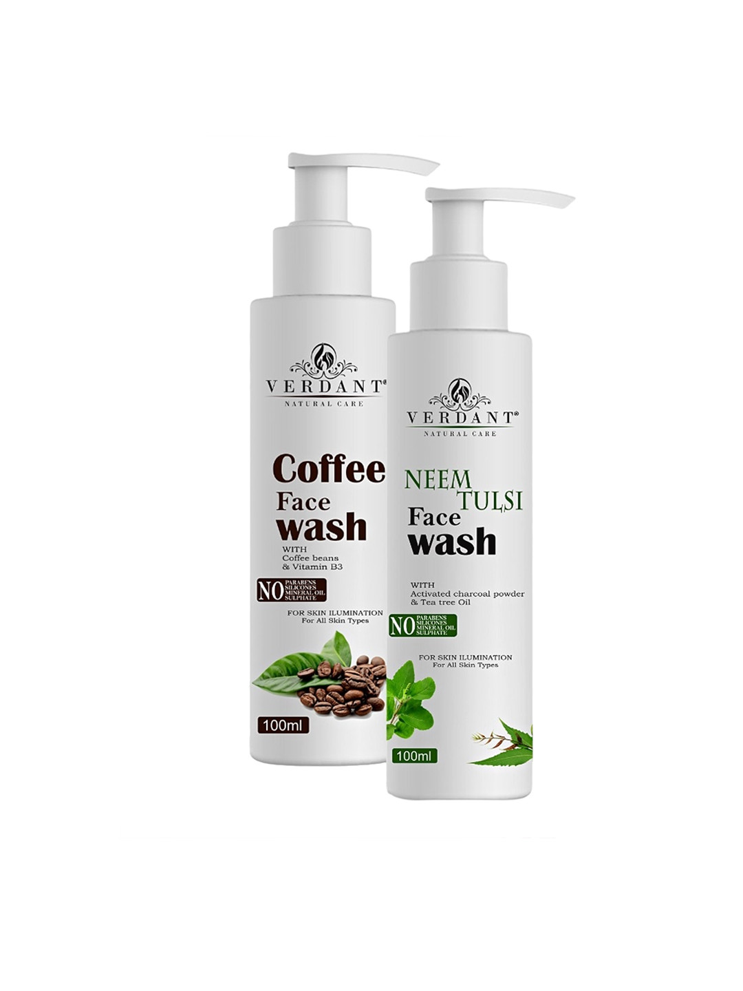 Verdant Natural Care Set Of 2 Coffee & Neem Tulsi Face Washes - 100 ml Each