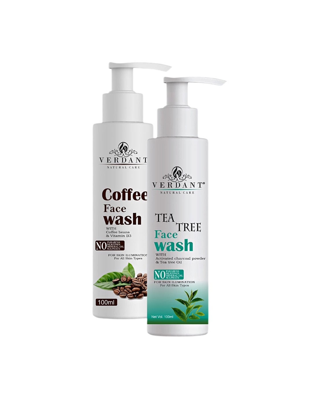 Verdant Natural Care Set Of 2 Coffee Face Wash & Tea Tree Face Washes - 100 ml Each