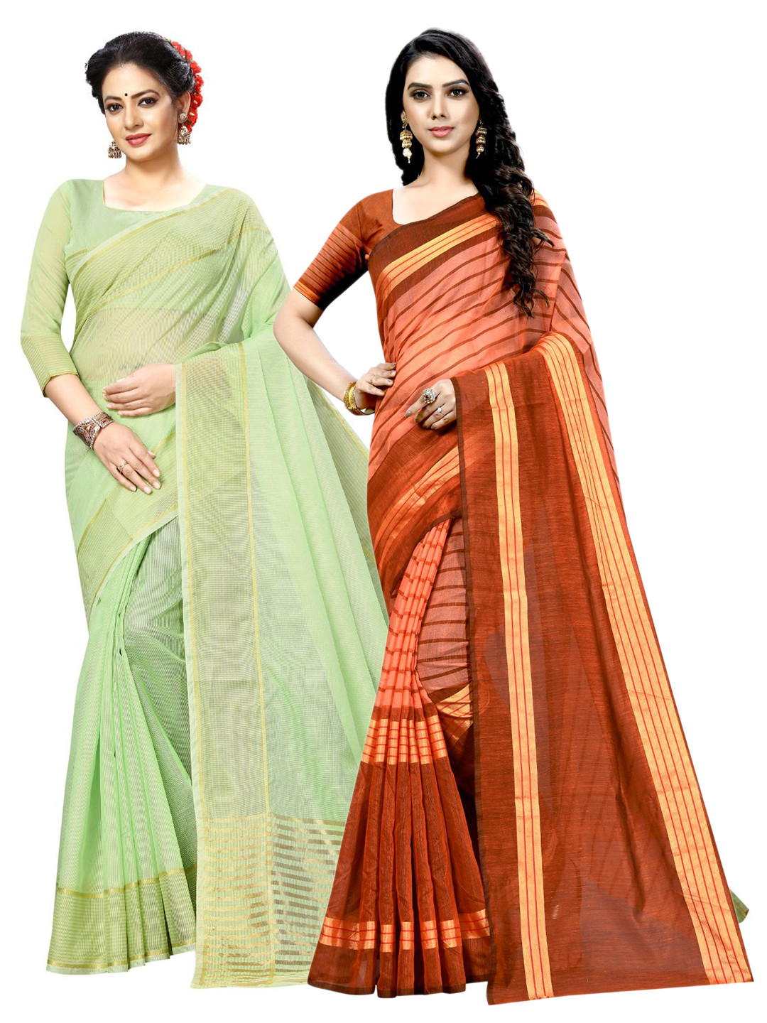 KALINI Green & Brown Striped Ilkal Saree