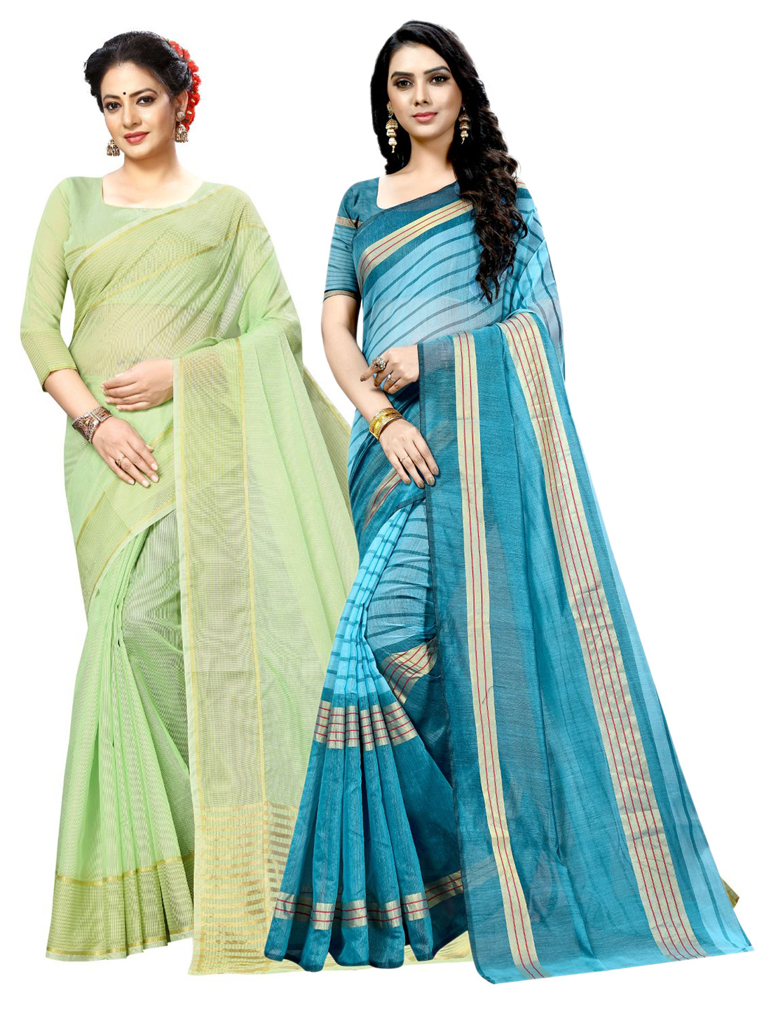 KALINI Green & Blue Striped Ilkal Saree