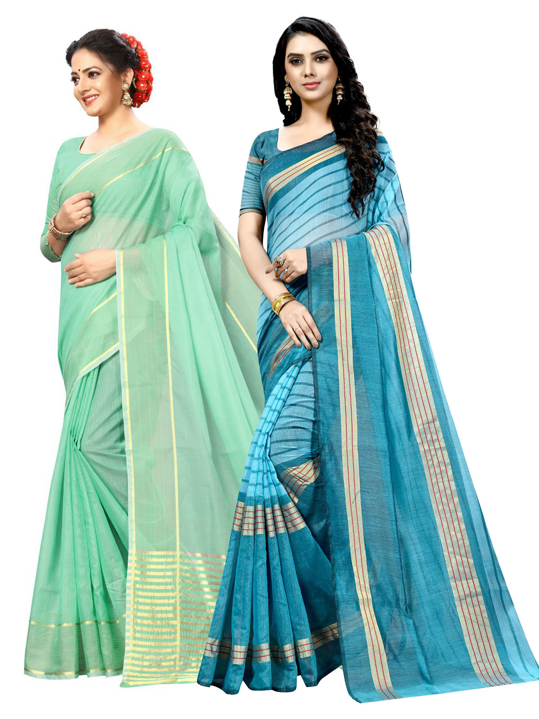 KALINI Lime Green & Blue Striped Zari Ilkal Saree