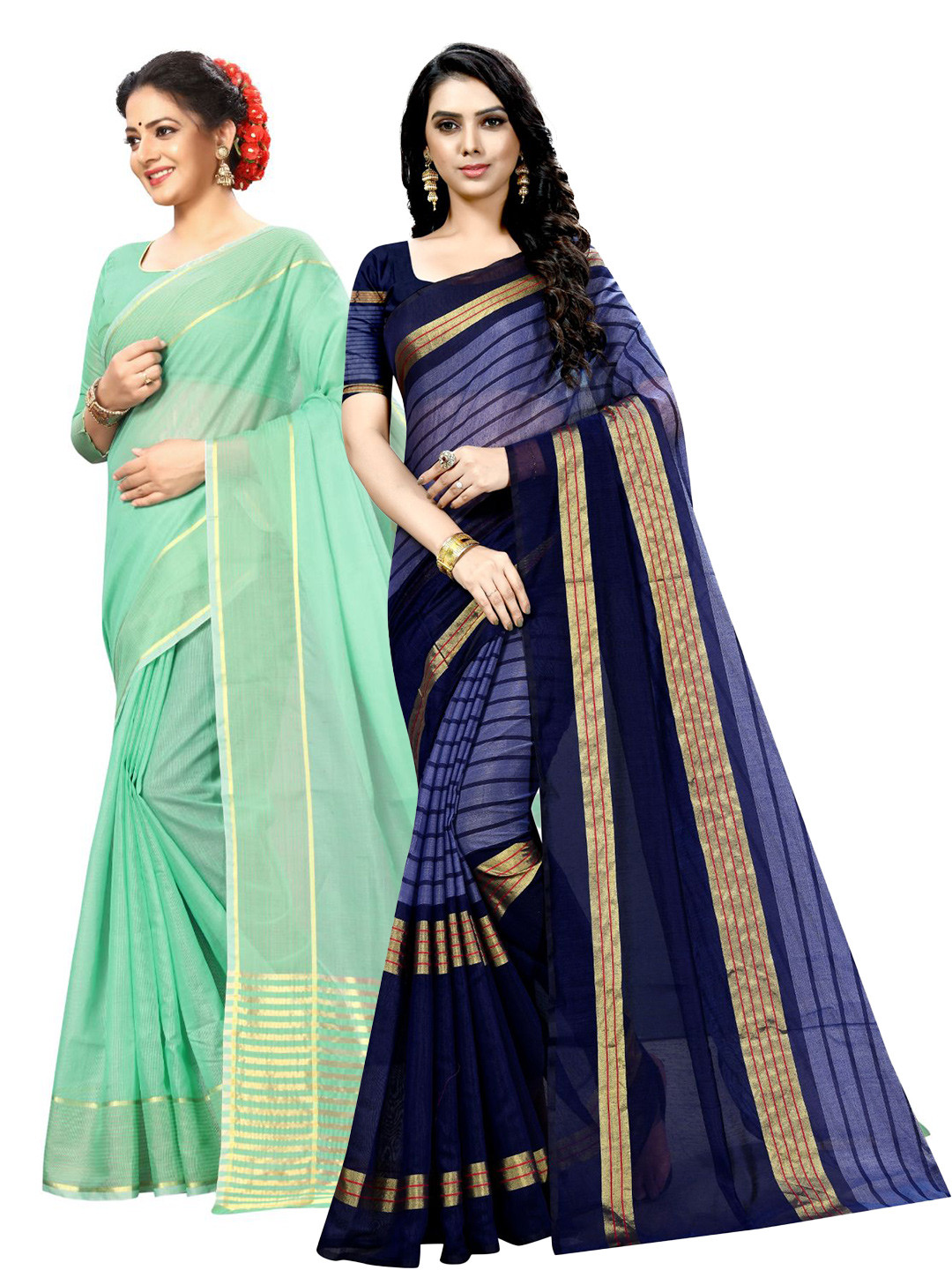 KALINI Lime Green & Navy Blue Zari Ilkal Saree