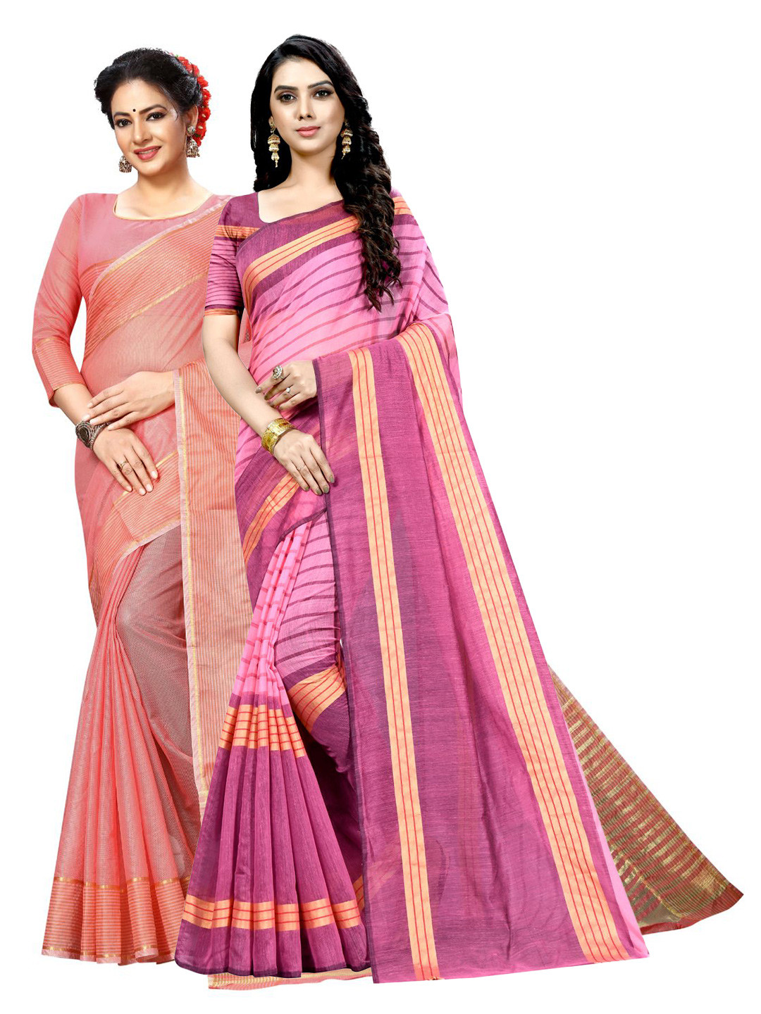 KALINI Peach-Coloured & Pink Striped Ilkal Saree