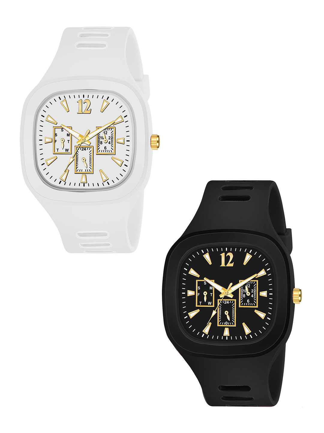 CERO Women Black Pack of 2  Brass Dial & White Bracelet Style Straps Analogue Watch