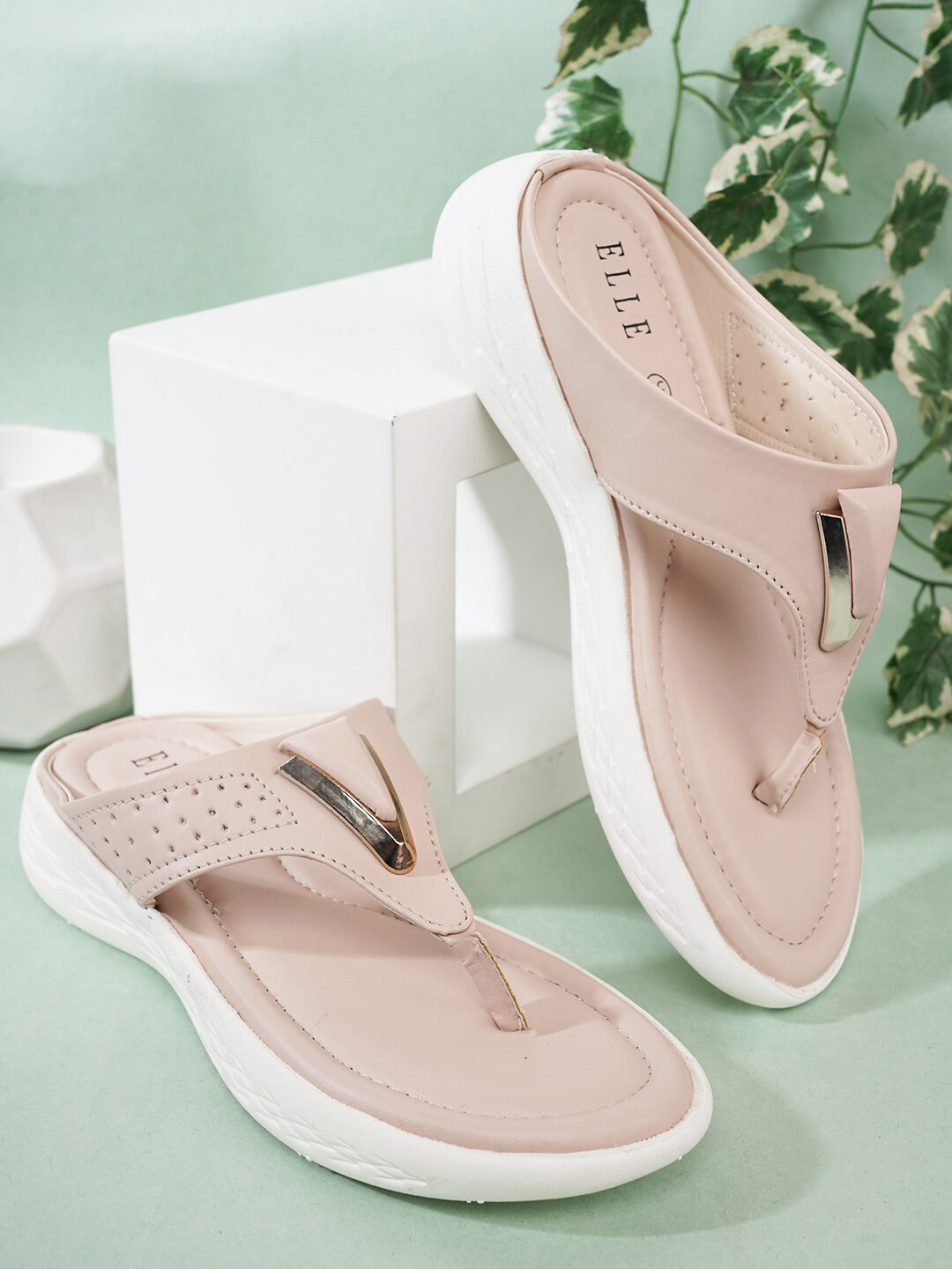 ELLE Women Nude-Coloured Textured T-Strap Flats