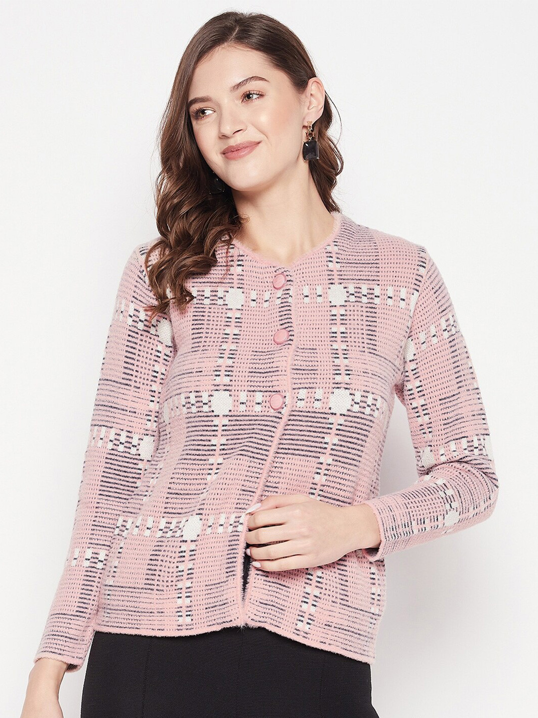 Zigo Women Self Design V-Neck Wool Cardigan Sweater