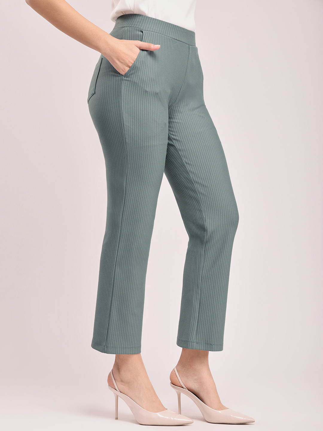 FableStreet Women Green LivIn Striped Relaxed Bootcut Trousers