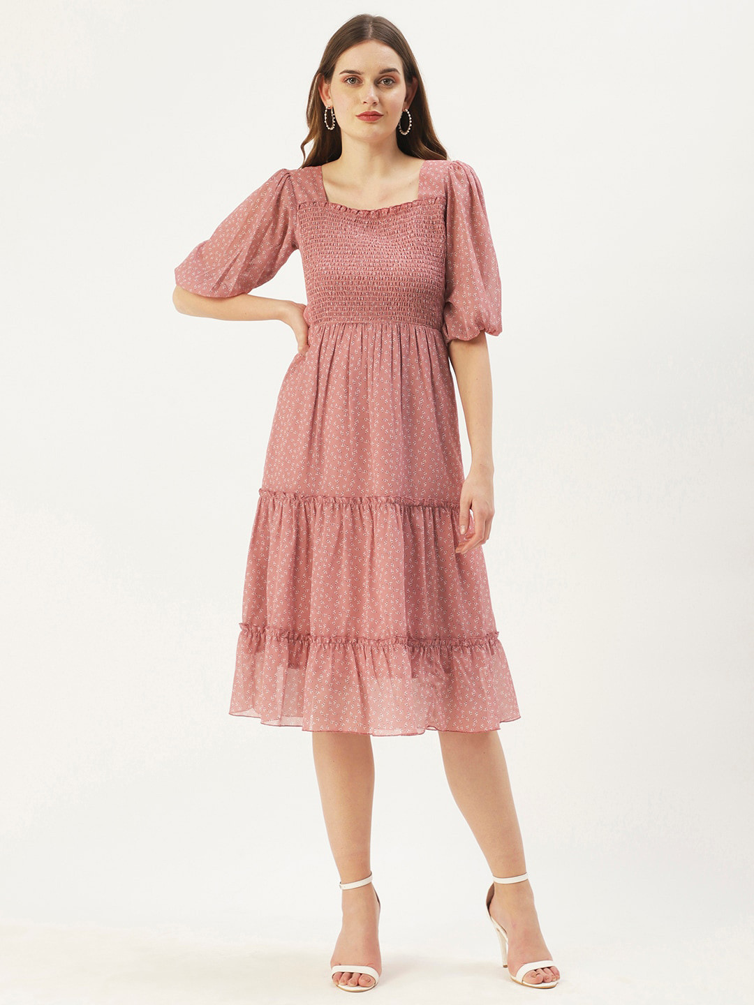 DressBerry Smocked Square Neck Georgette Midi Dress