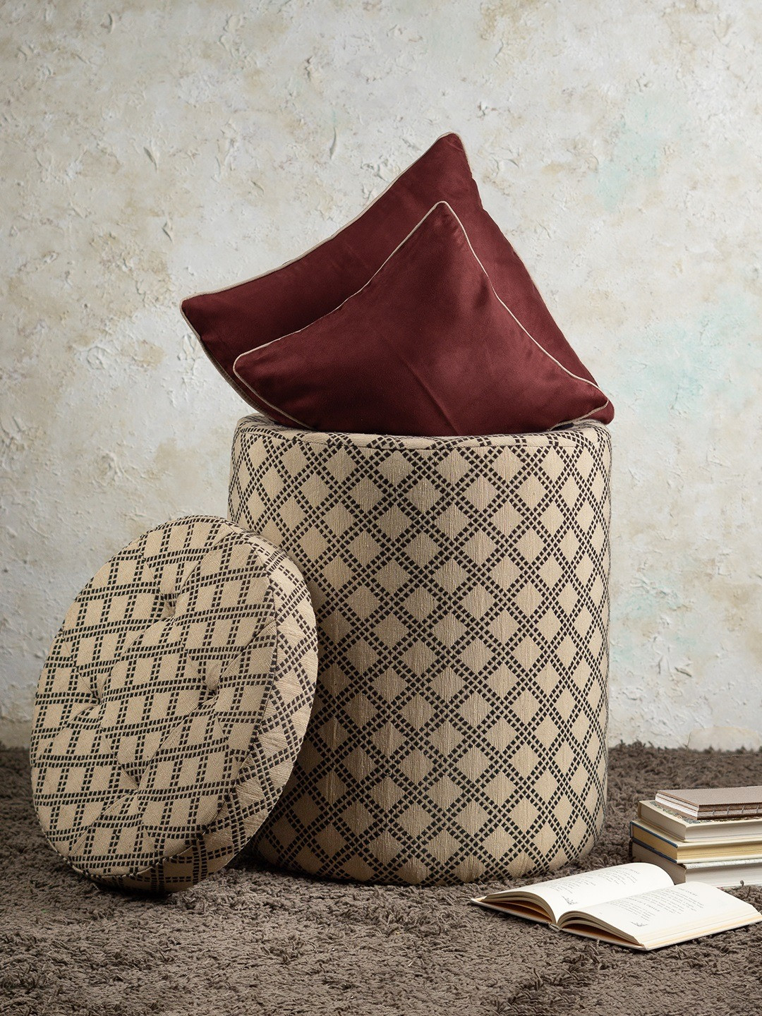 nestroots Beige Printed Cotton & Wooden Cylindrical Ottoman