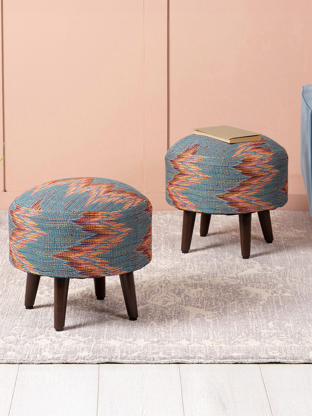 nestroots Set Of 2 Blue & Brown Printed Ottomans Stool for Living Room
