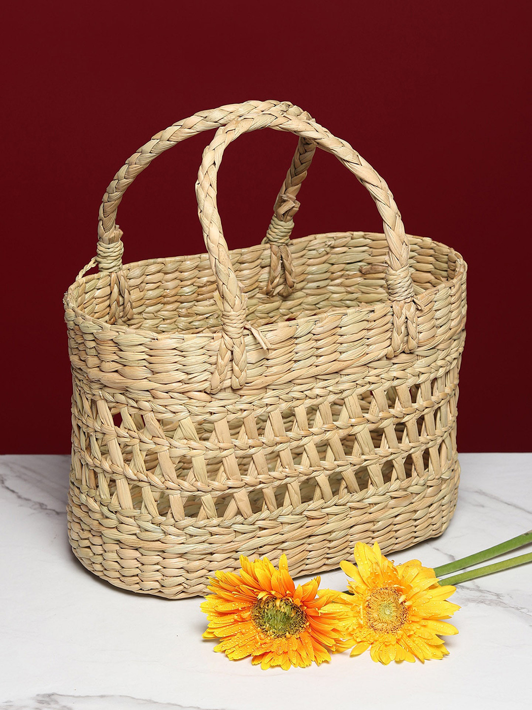 HABERE INDIA Beige Woven Seagrass Storage Basket