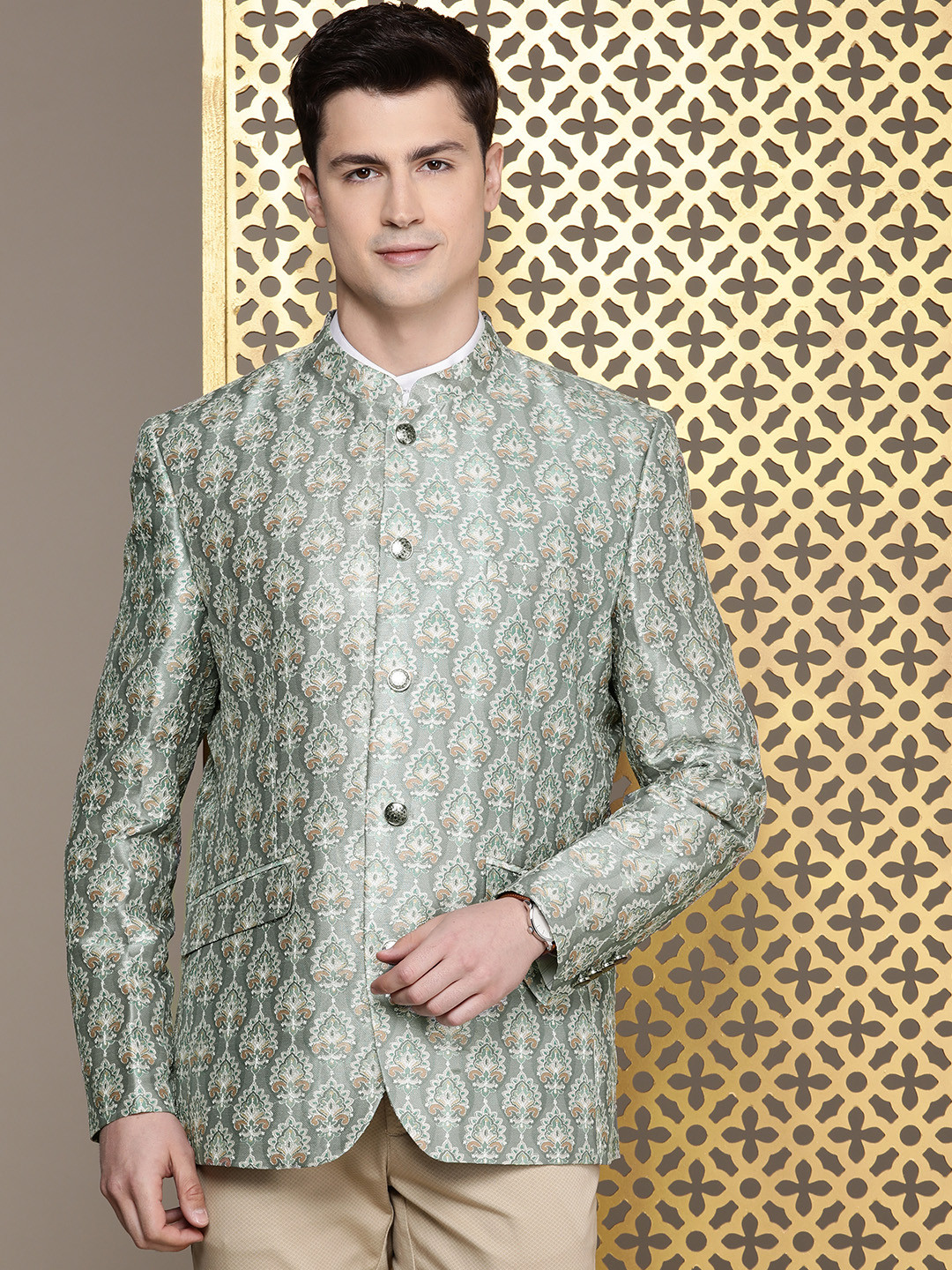 House of Pataudi Jashn Woven Design Bandhgala Blazer