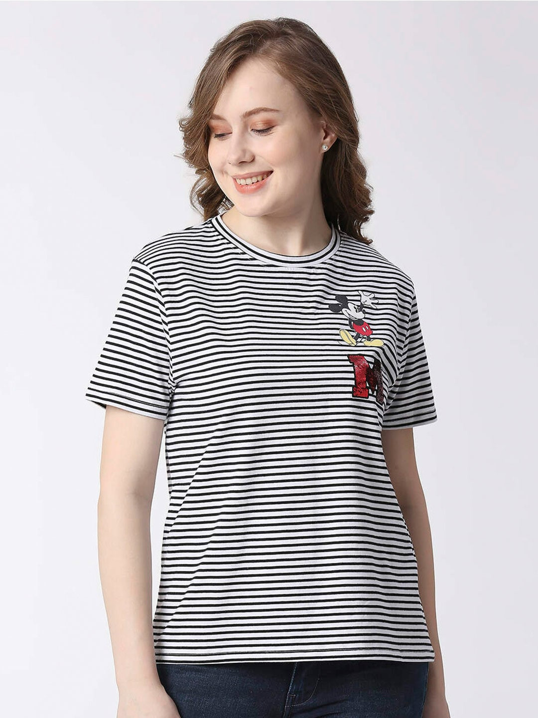 Pepe Jeans Women Striped Mickey Mouse Round Neck Cotton Relaxed Fit T-shirt