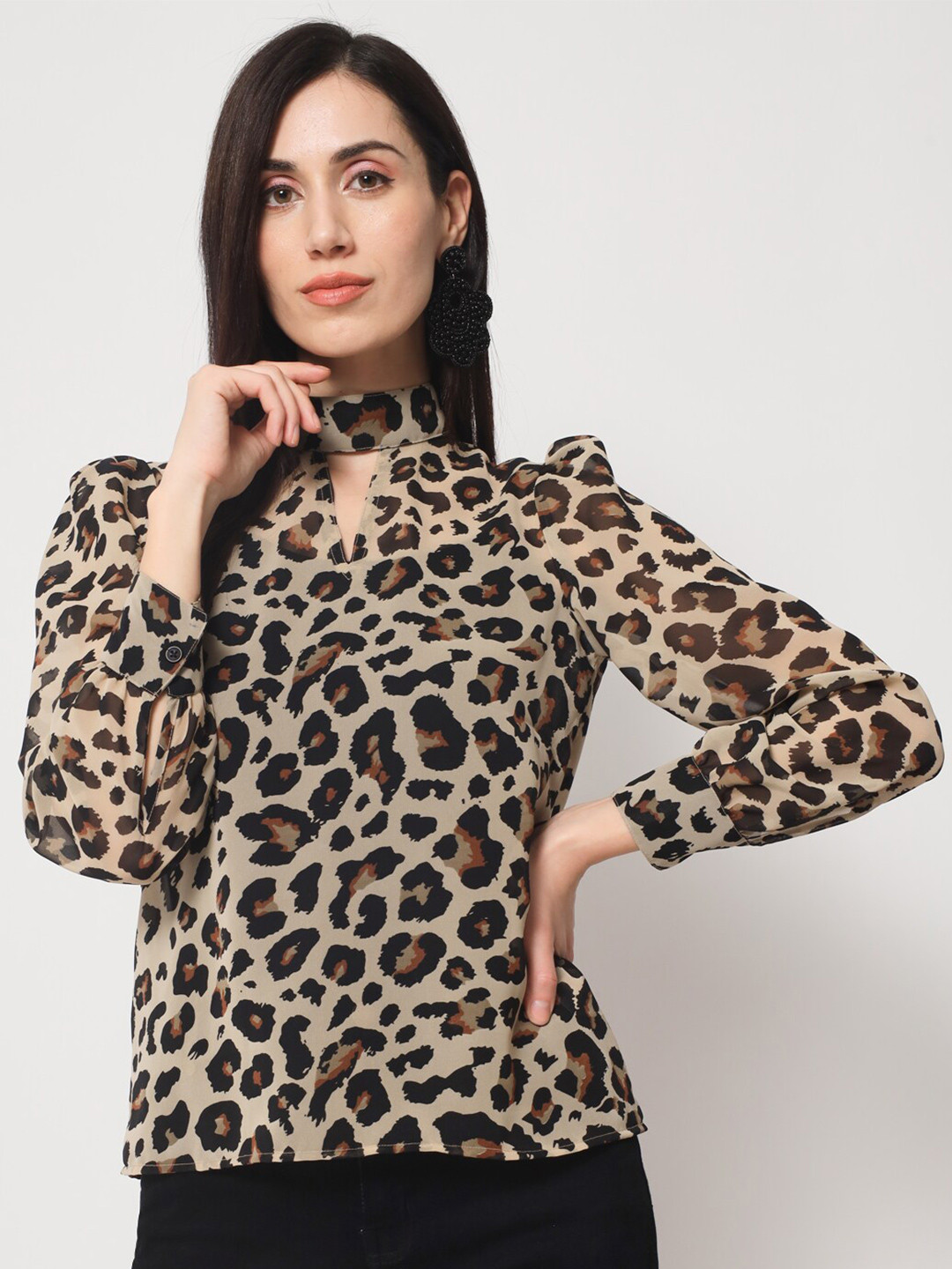 CHARMGAL Animal Print Choker Neck Georgette Top