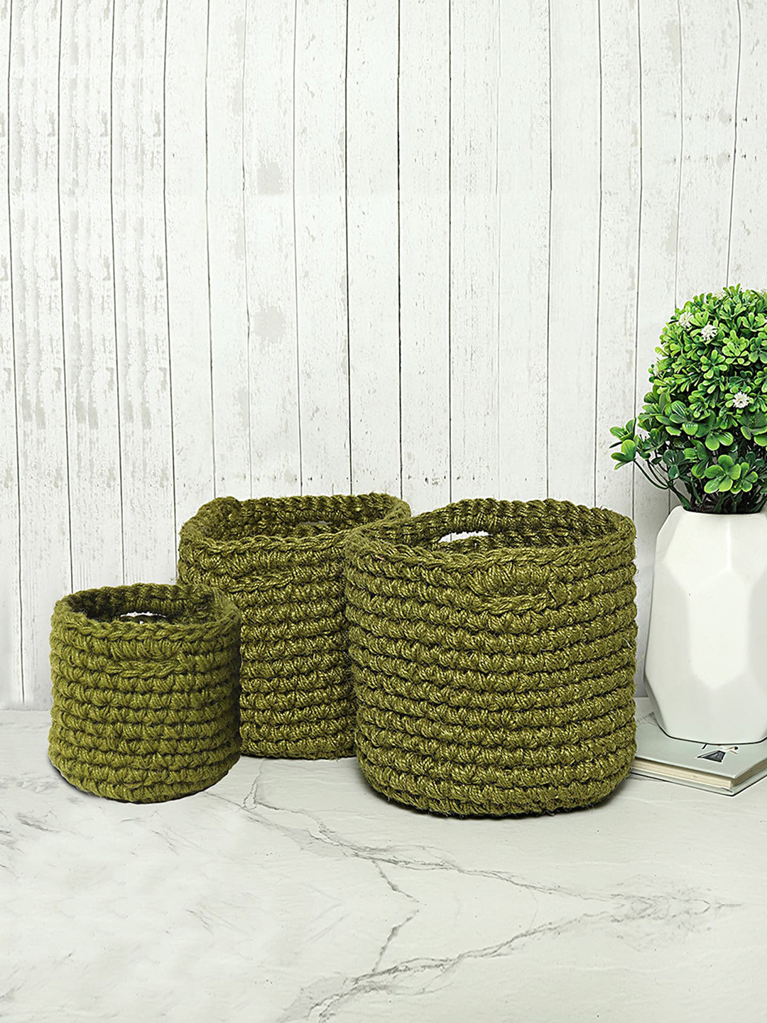 HABERE INDIA Green Set of 3 Jute Storage Basket Crochet Organisers