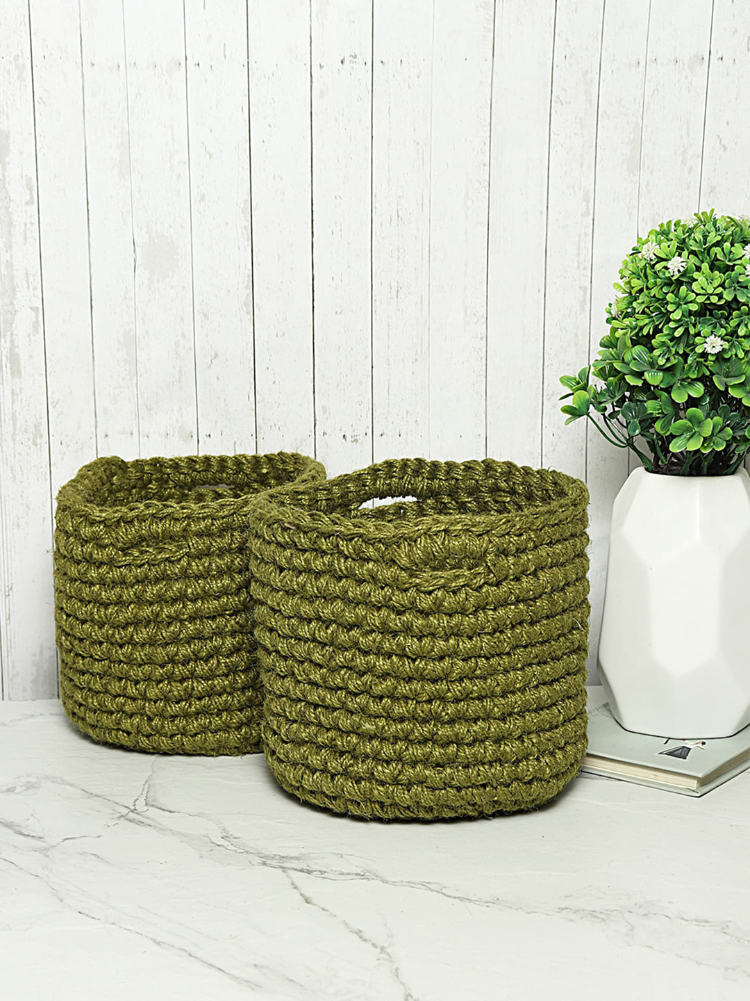 HABERE INDIA Green Set of 2 Jute Crochet Baskets