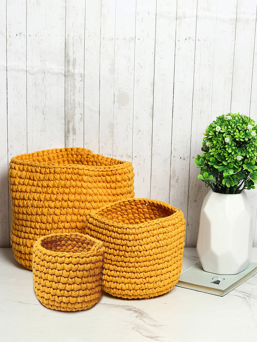 HABERE INDIA Yellow 3 Pcs Jute Crochet Storage Baskets