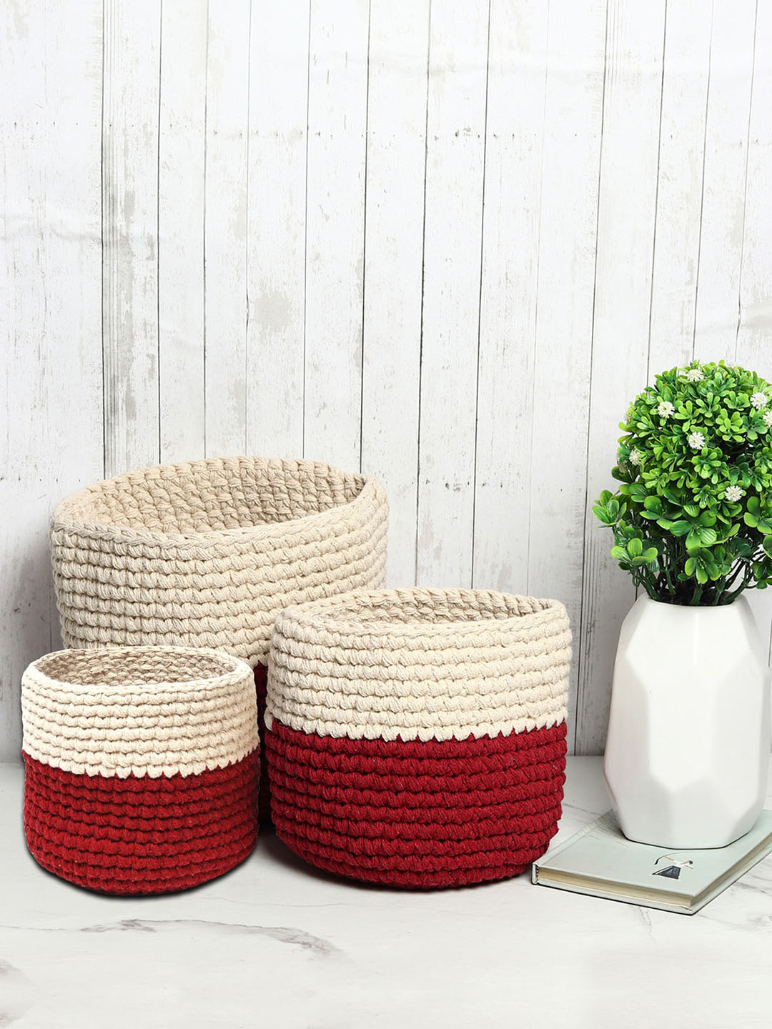 HABERE INDIA Maroon and Cream Set of 3 Color blocked Jute Crochet Baskets