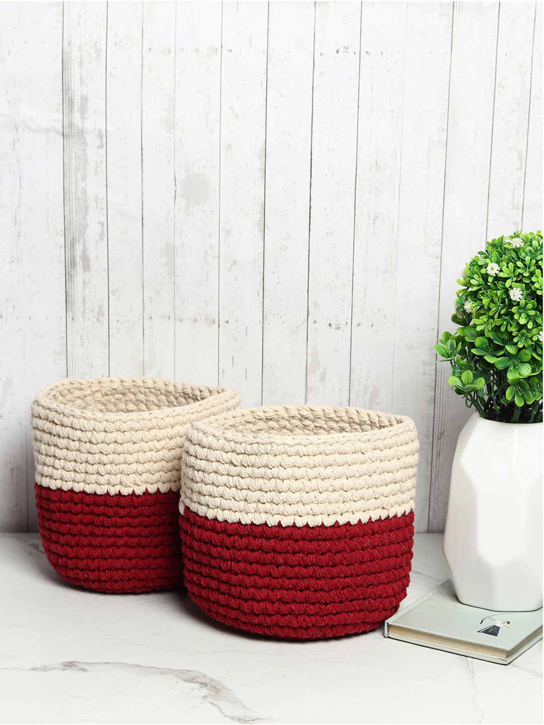 HABERE INDIA Maroon and Cream Set of 2 Color blocked Jute Crochet Baskets
