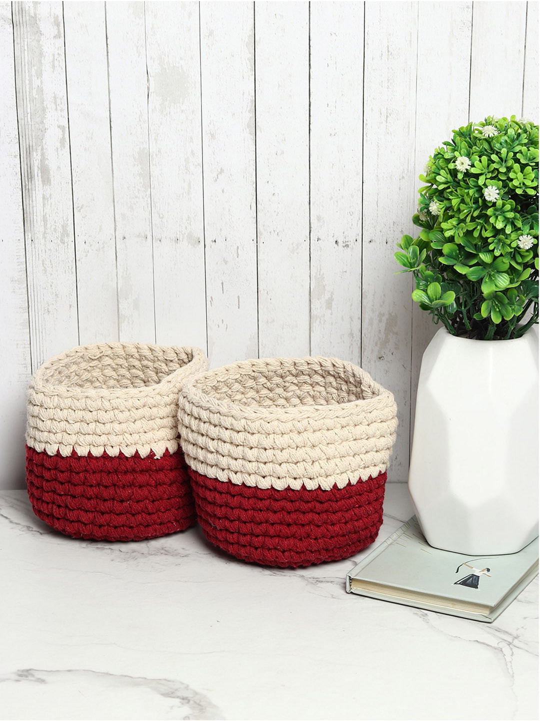 HABERE INDIA Maroon & Cream 2 Pcs Colorblocked Jute Crochet Storage Baskets