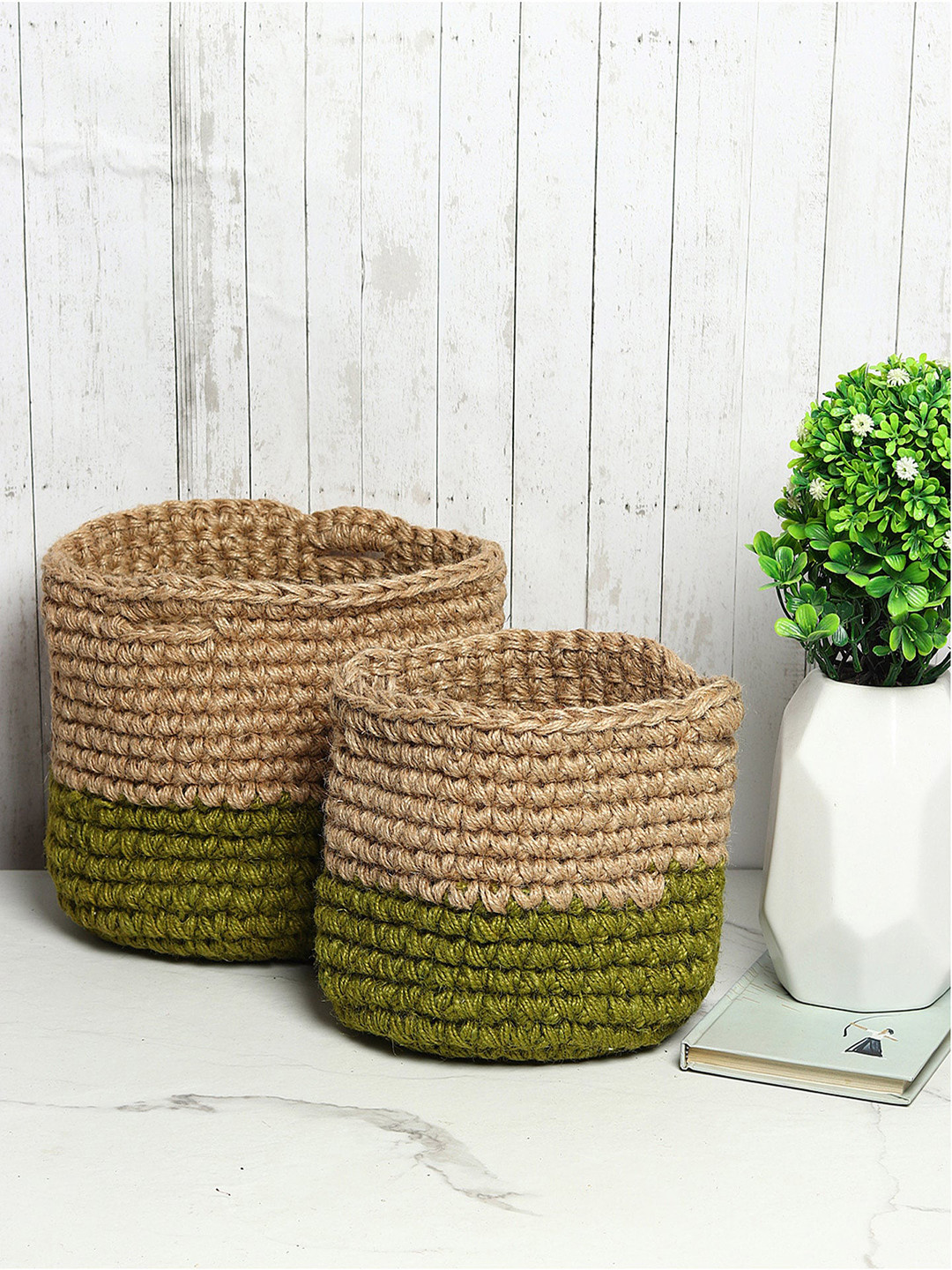 HABERE INDIA Beige & Green 2 Pcs Colorblocked Jute Crochet Storage Baskets