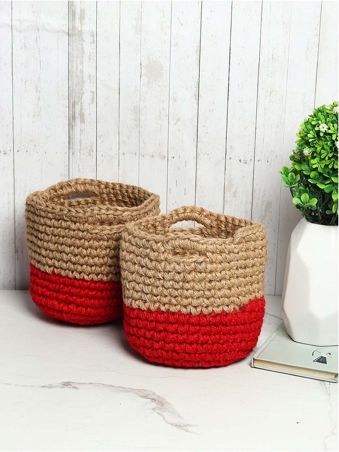 HABERE INDIA Red & Beige 2 Pcs Colorblocked Jute Crochet Storage Baskets
