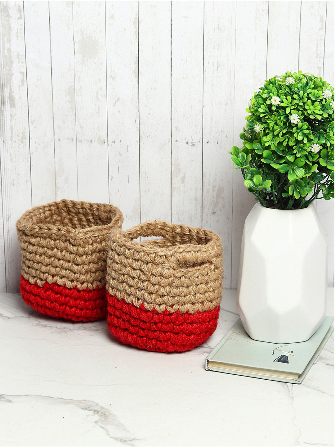 HABERE INDIA Red and Brown Set of 2 Color blocked Jute Crochet Baskets