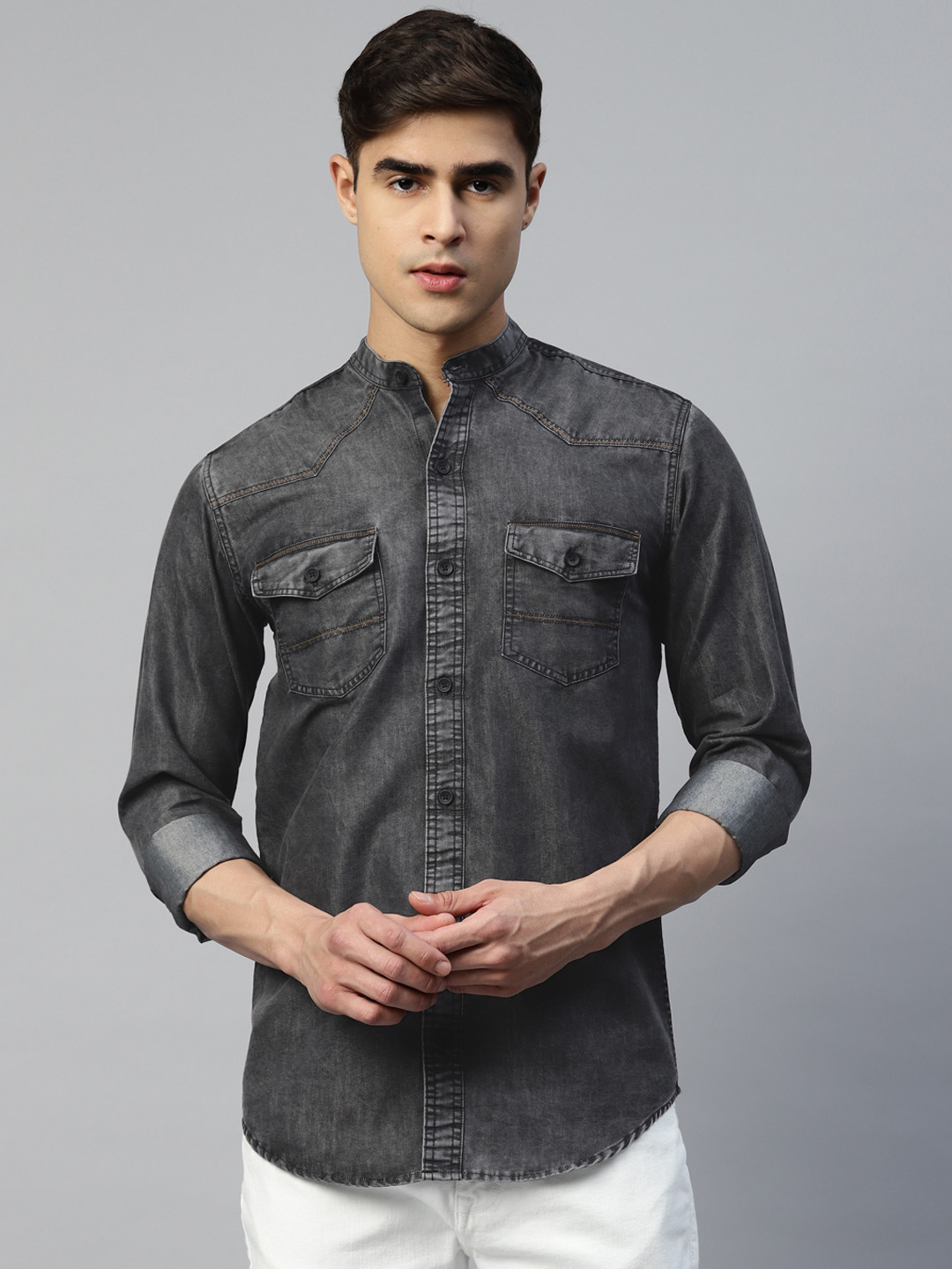 DEZANO Men Black Smart Faded Faded Casual Shirt