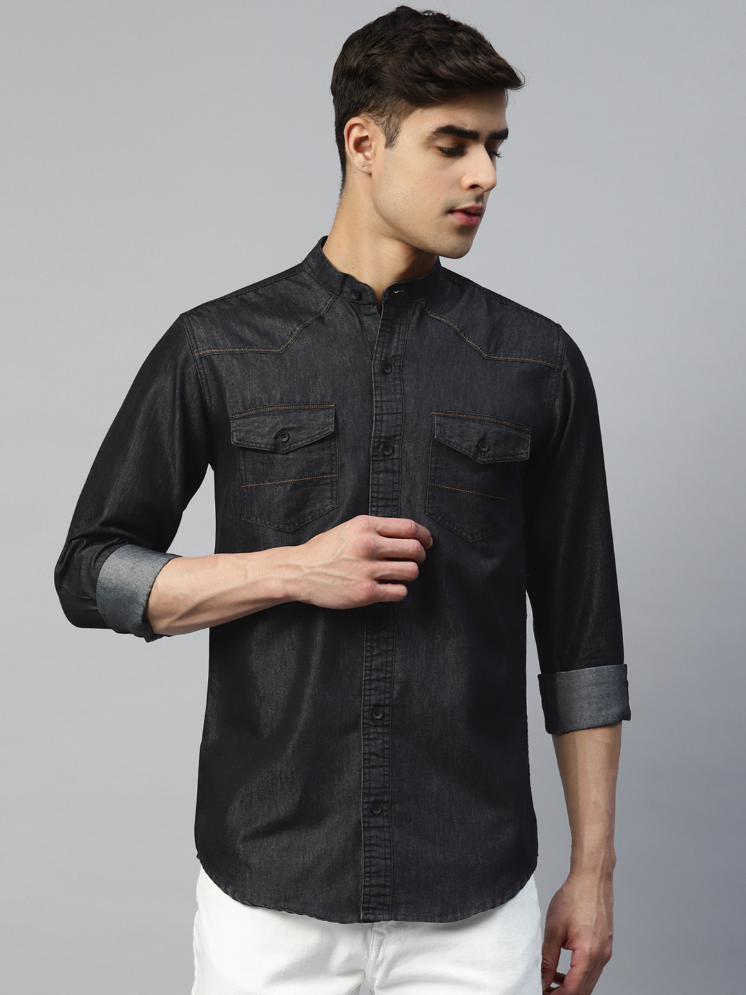 DEZANO Men Black Smart Faded Faded Casual Shirt