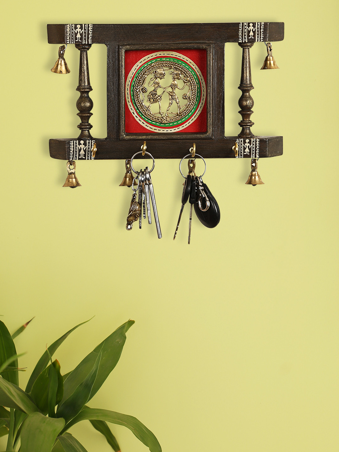 ExclusiveLane Brown & Red Dhokra Warli Hand-Painted Teak Wooden Key Holders