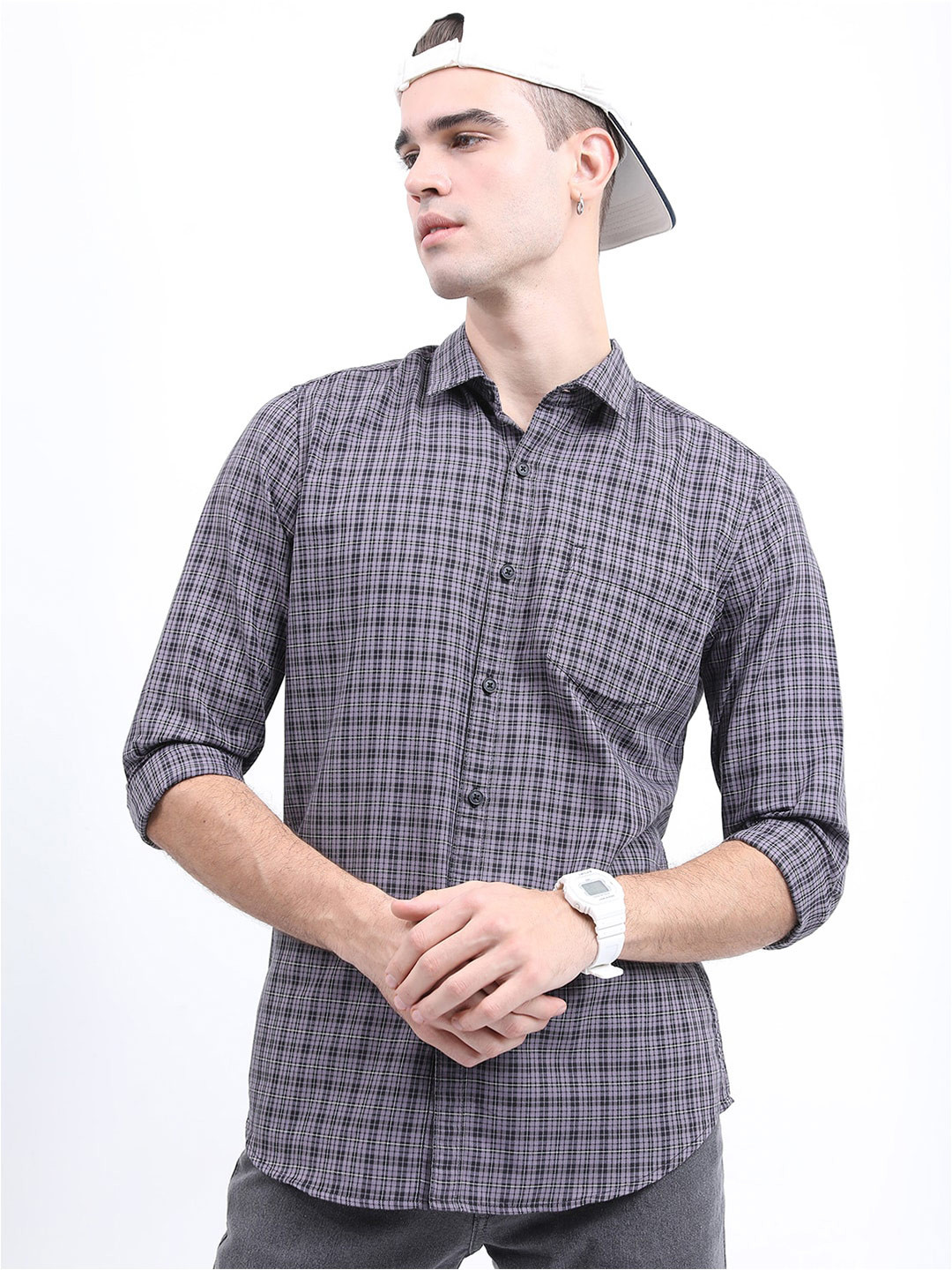 HIGHLANDER Men Grey Slim Fit Checked Casual Shirt